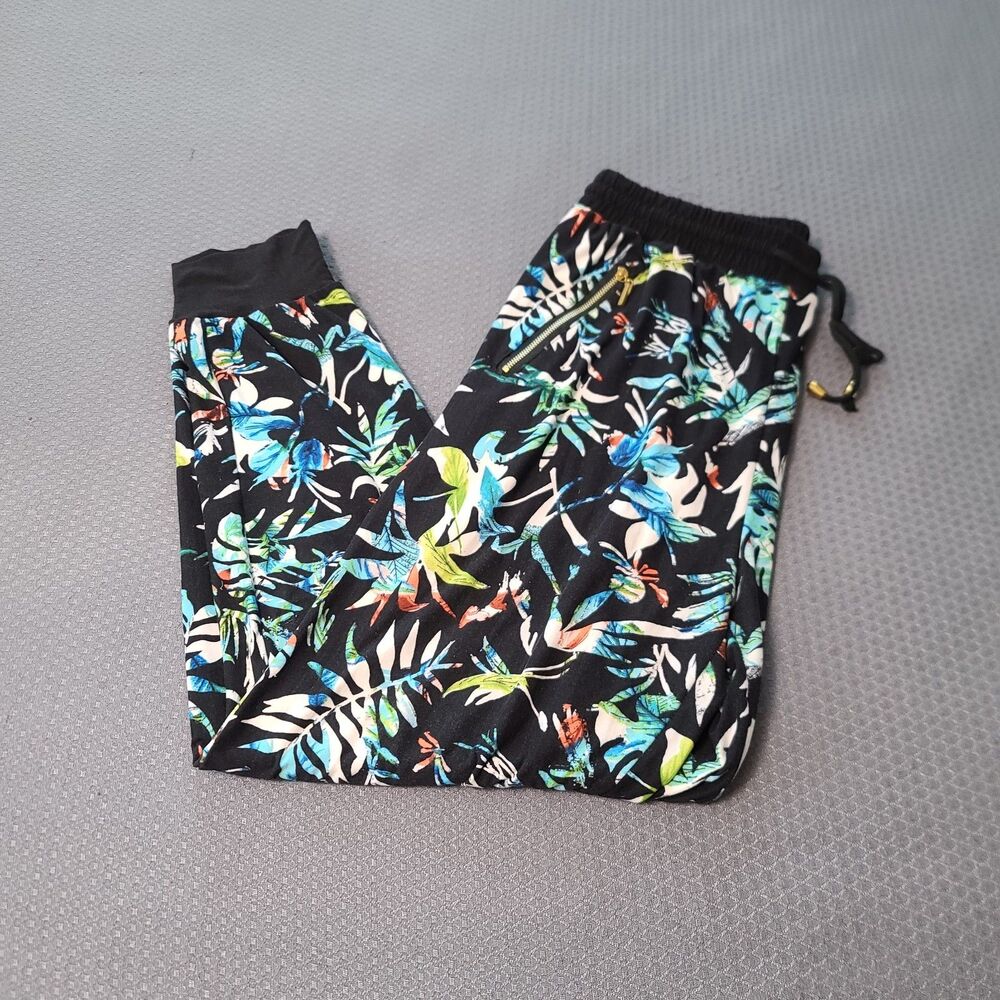 Indero Floral Jogger Size L/XL Black Blue Drawstring Elastic Waist Gold Zippers